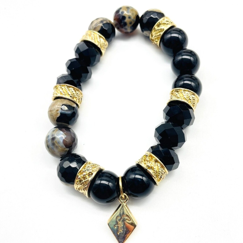 SEQUIN Black White Stretch Bracelet Gold Tone Marbled Bead Classic